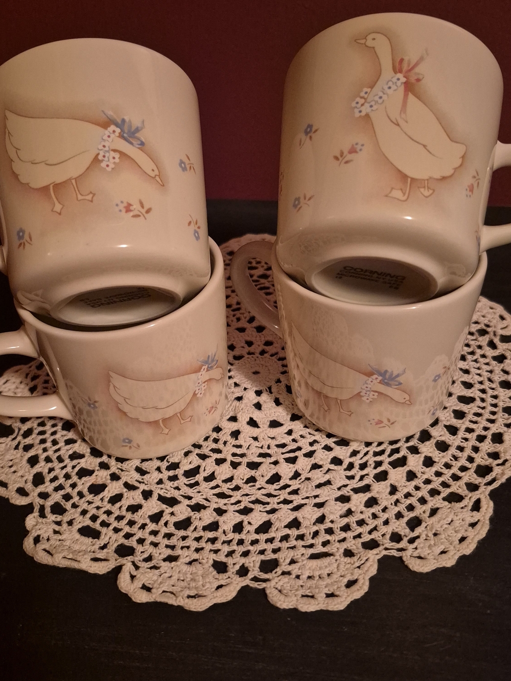 Vintage Corningware Cream Mug Set with Blue and Pink Goose Motif
